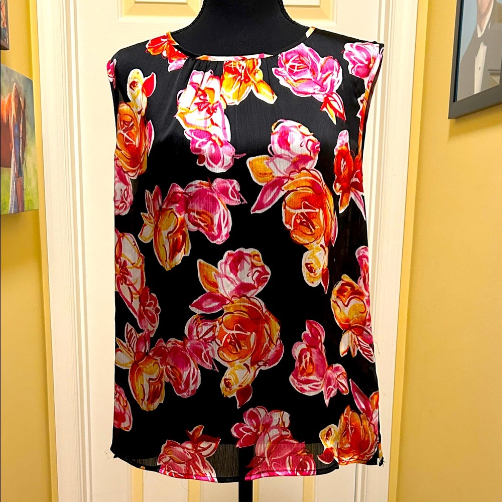 Tahari ASL Black Blouse with Pink and Orange Floral Design